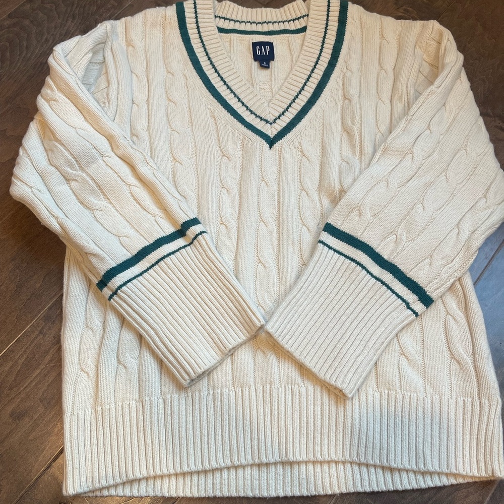 GAP Varsity Cream Sweater with Green Accents